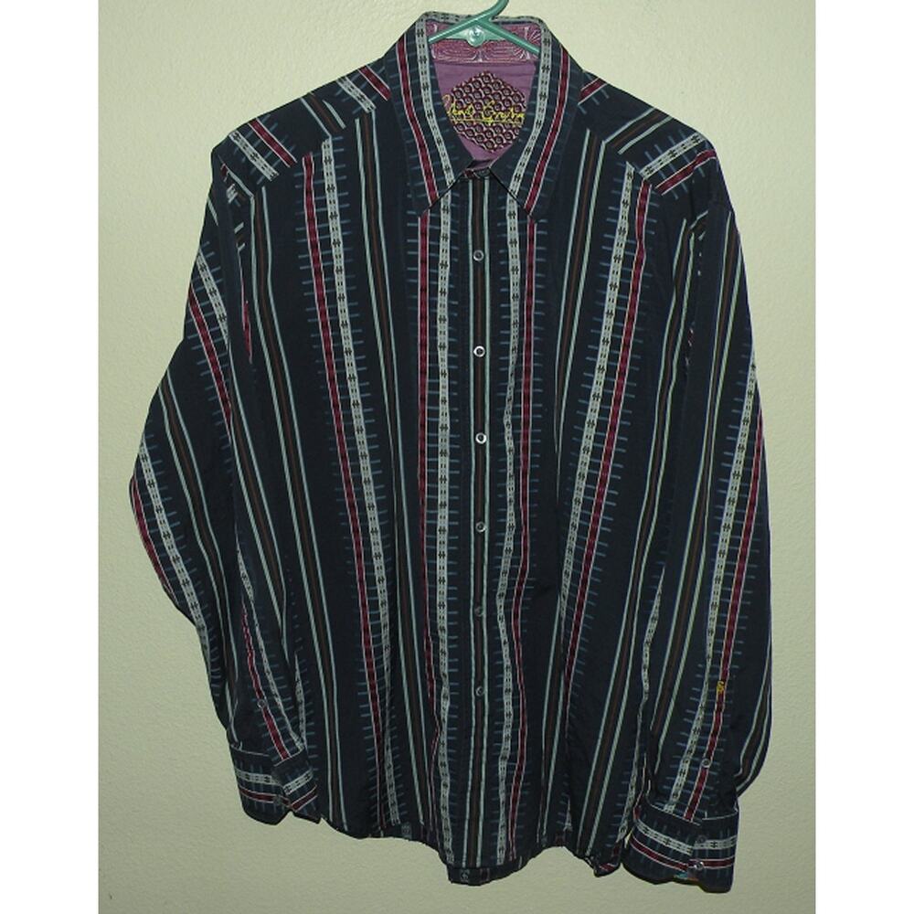 Robert Graham Men’s Large LS Button Shirt Blue Striped Contrasting Cuff